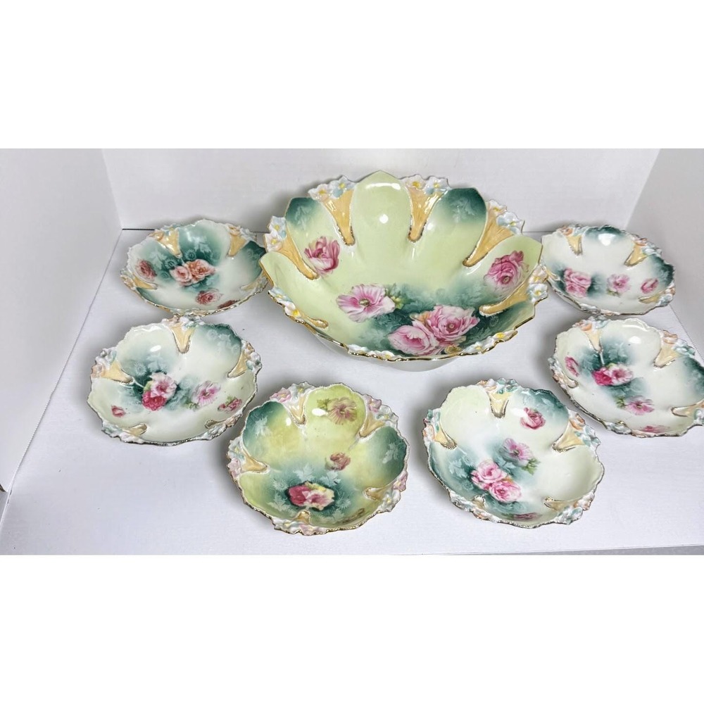 Antique RS Prussia Serving Bowl 7PC Set Lily Mold Roses Green Gold Gilt Red LBL1